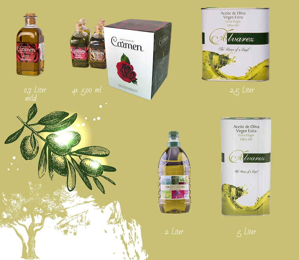 Flaschen mit 0,7 Litern, die Geschenkbox mit vier Flaschen, ein 2-Liter-Kanister und Dosen mit 2,5 und 5 Litern.
